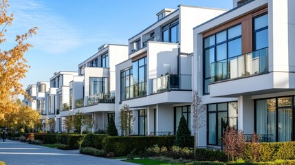 Naklejka premium Contemporary white townhouse row with sharp edges and wide glass balconies in a modern urban district.