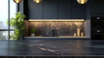 A modern kitchen interior with dark countertops and stylish lighting.