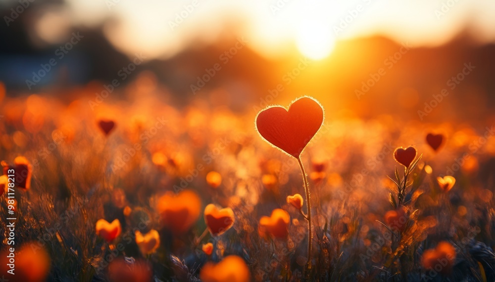 Canvas Prints A field of red hearts silhouetted against a sunset, with a single larger heart in the foreground.