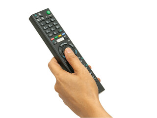 Asian woman hand press TV remote control isolated on white background with clipping path.