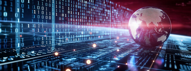 A captivating visual of a glowing dot matrix globe set against a blurry binary code background. For global technology, digital data, or news concepts.