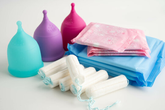 Sanitary pad napkin, tampon and menstruation cup for woman hygiene protect menstruation cycle.
