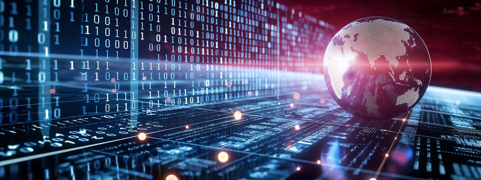 A captivating visual of a glowing dot matrix globe set against a blurry binary code background. For global technology, digital data, or news concepts.