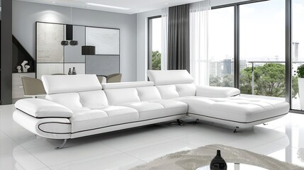 Modern white leather sectional sofa with chrome legs in a living room with large windows.