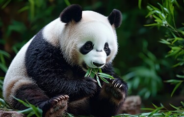 Naklejka premium A cute panda enjoying a meal of bamboo in a lush green environment, showcasing its playful and charming personality.
