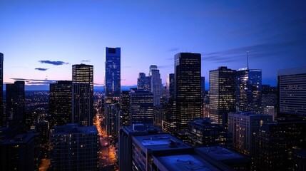 A city skyline at dusk, the buildings lit up with soft blue lighting as the evening sets in.