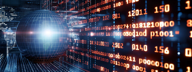 A glowing dot matrix globe against a backdrop of blurred binary code. For global tech trends, digital communication, data, and world news concepts.