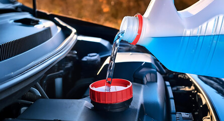 Pouring antifreeze Filling a windshield washer tank with an antifreeze .