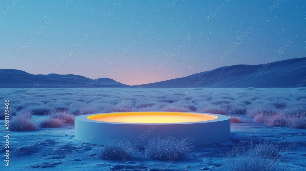 Poster a white circular platform with glowing orange light, positioned on a snowy field against a backdrop 