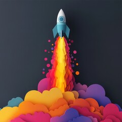 Fototapeta premium A vibrant rocket launching through colorful clouds, symbolizing creativity, innovation, and exploration in a whimsical, digital art style.