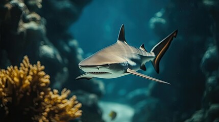 Obraz premium A close-up of a reef shark swimming, with its sharp fins and streamlined body visible as it glides over the reef.