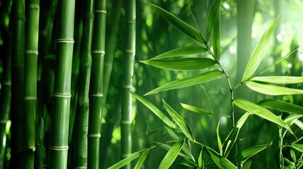 Fototapeta premium Lush green bamboo forest with vibrant leaves and tall stalks, creating a serene and tranquil atmosphere in nature.