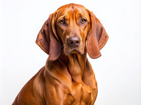 A handsome Redbone Coonhound dog with floppy ears and soulful eyes poses on a clean white background, showcasing its distinctive red coat and muscular build.