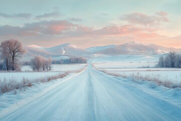 serene winter landscape with pristine snowcovered fields stretching to distant mountains soft pastel sky reflecting the quiet beauty of the season
