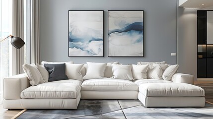 Modern living room with white sectional sofa, two abstract paintings on the wall, a geometric rug and large window.