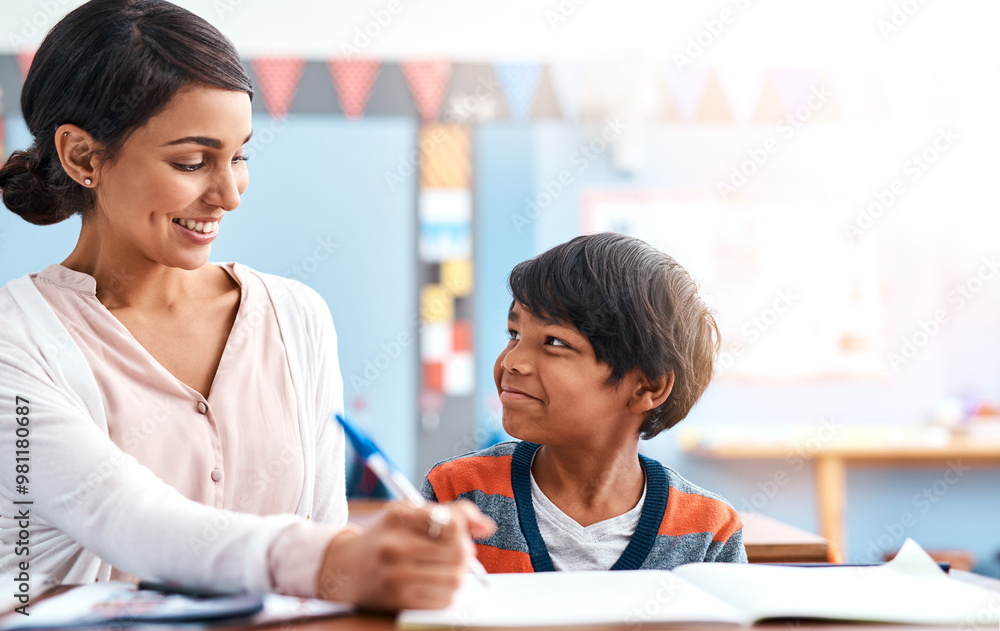 Poster writing, teacher and boy in classroom for support in student growth, child development and advice fo