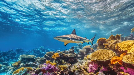 Fototapeta premium A lone reef shark swimming close to a colorful reef, its sleek body cutting through the clear blue water.
