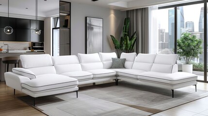 Modern white sectional sofa in a contemporary living room with a large window overlooking a city skyline.