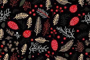 Naklejka premium Christmas Seamless Pattern. Coniferous branches, cones, red artificial berries, thuja branches. Pattern for wrapping paper, greeting cards, invitations, fabric, prints.