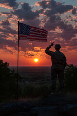 A silhouette of a soldier saluting the sunset with the American flag flying in the background, veteran's day