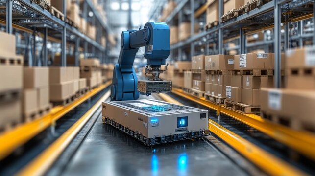 RPA bots efficiently managing inventory in a modern automated warehouse environment