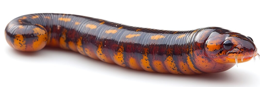 Close-up of a colorful worm with a segmented body, isolated on a white background.