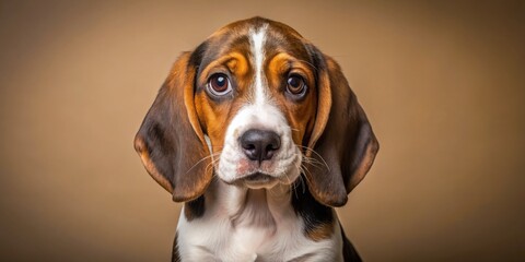 Adorable Treeing Walker Coonhound puppy with floppy ears and big brown eyes gazes directly at camera with curiosity, sitting on a solid colored background.