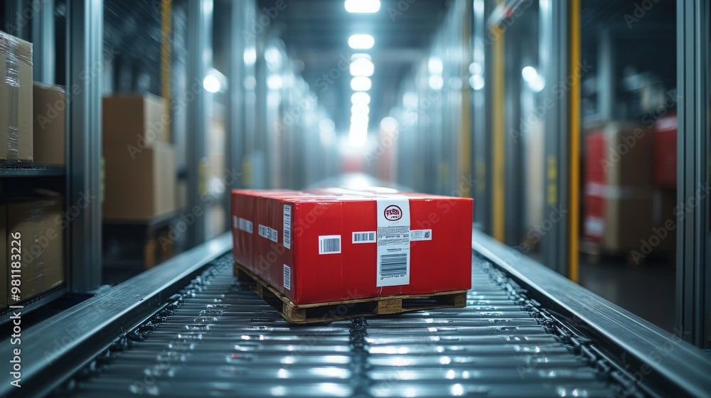 Poster automated mobile robot transports fragile items down a warehouse conveyor at nighttime