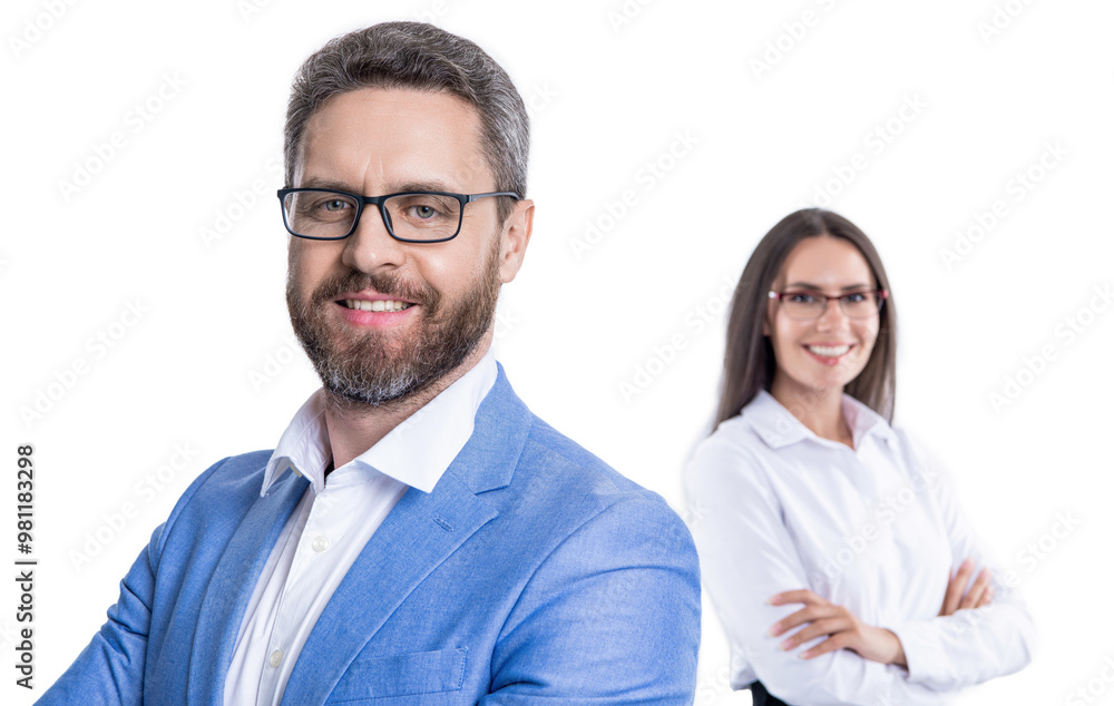 Wall mural successful business coworkers or businesspeople wearing glasses and work together isolated on white