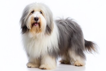 Fluffy Old English Sheepdog with shaggy grey and white fur stands confidently on a pristine white background, showcasing its majestic and dignified presence.