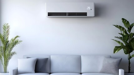 A modern living room featuring a sofa, air conditioner, and indoor plants.