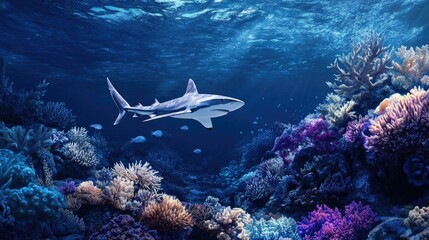 A reef shark swimming in the deep blue, with coral formations and marine life visible far below.