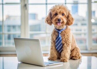 Adorable toy poodle dressed in a tie sits beside a laptop in a bright, airy office, exuding professionalism and puppy charm in a fun, humorous scene.