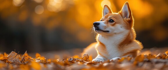 Corgi Dog in Autumn Leaves