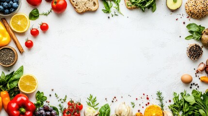 create a photo of healthy food on a white background. food is placed at the bottom of the page, zverhts white background. photo should 