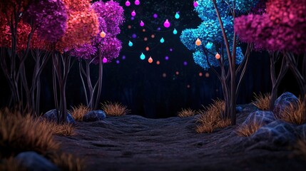 Obraz premium A serene path through a vibrant forest at night, illuminated by colorful hanging lanterns among the enchanting trees.