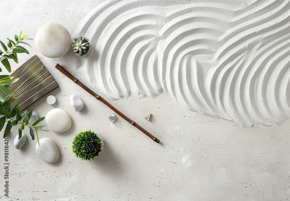 Poster minimalist composition of pebbles and greenery on a textured surface with subtle patterns