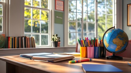A teachers desk at the front of a classroom, with books, markers, and a globe, ready for a day of interactive teaching.