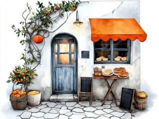 Charming bakery facade with orange awning, stone path, and fresh pastries on display amidst a vibrant outdoor setting.