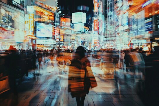 A person in a crowded shopping district, bombarded by advertisements and sales promotions, trying to navigate through the sensory barrage.