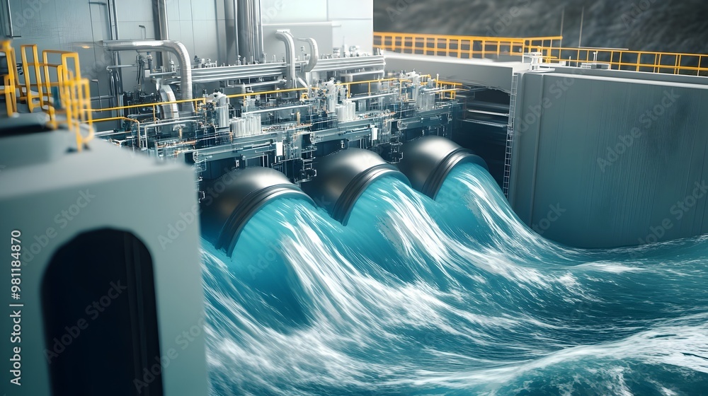 Poster dynamic cutaway view of oscillating water column power plant with flowing waves and visible