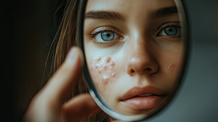 A woman looking at her reflection in a handheld mirror, examining breakouts and applying spot treatment.