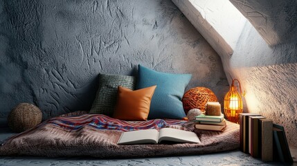 Cozy attic nook featuring cushions, books, and warm lighting, perfect for reading and relaxation.