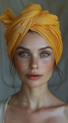 Close-up Portrait of a Woman with Freckles and a Yellow Headscarf