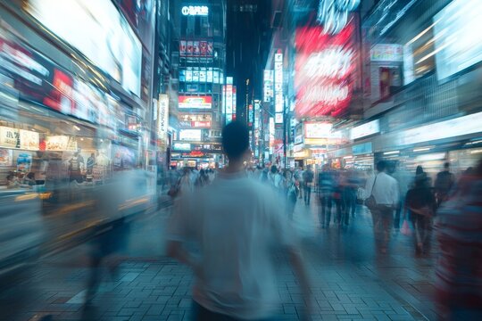 A person in a crowded shopping district, bombarded by advertisements and sales promotions, trying to navigate through the sensory barrage.