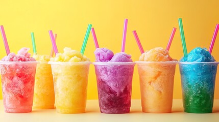 Panoramic still life of ice cream slush frozen colorful frozen fruit granita drinks flowing into takeaway plastic cups with ice cream straws flavor taste