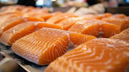 Fresh raw salmon fillets arranged neatly on a market counter, with a close-up of their moist, shiny texture and bright color.