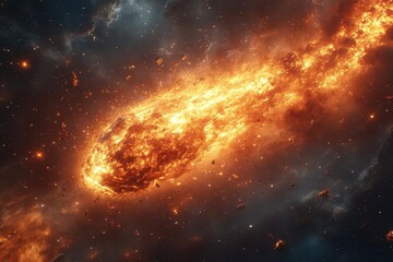 Obraz premium spectacular cosmic scene of a blazing meteorite hurtling through space fiery explosion debris and swirling lava create a dynamic composition against a starry galactic background