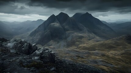 Majestic mountains rise under a stormy sky, surrounded by dramatic clouds and rugged terrain, evoking a sense of wilderness and adventure.