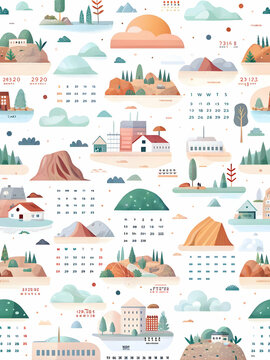 Whimsical 2025 Calendar: Seamless Background with Playful Flat Vector Landscape Illustrations for Each Month - Creative & Imaginative Design